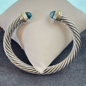 David Yurman 925 & 14k Gold 7mm Cuff with Blue Topaz-Small